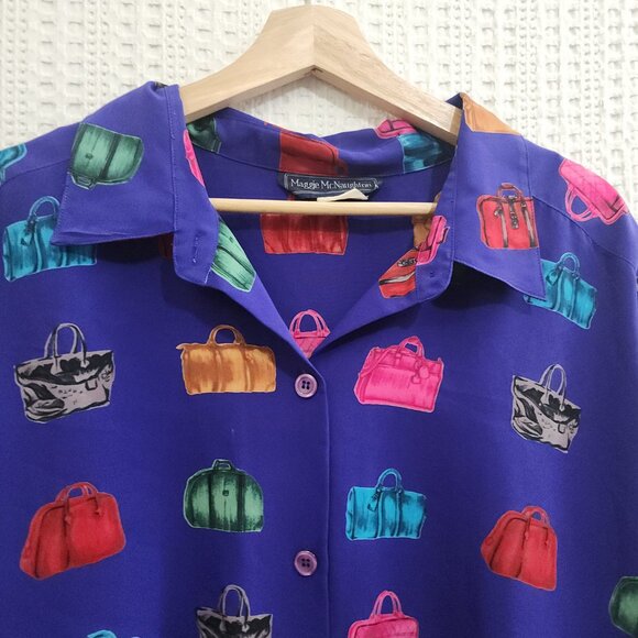 Vintage Maggie McNaughton handbag print colorful button up blouse Purple 3X - Picture 5 of 12